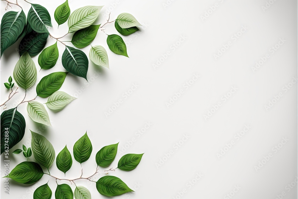 Poster  a white background with green leaves and branches on it, with a white background with a white border and a white background with a green leaf border on the bottom right side of the image.