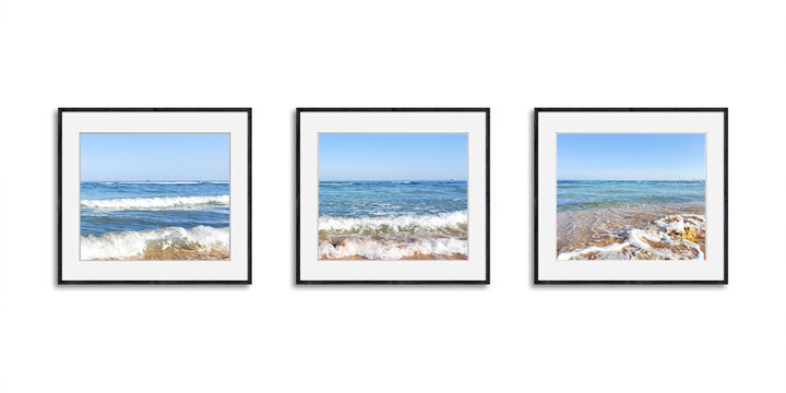 Collage of three black frames with ocean view pictures, isolated on white wall