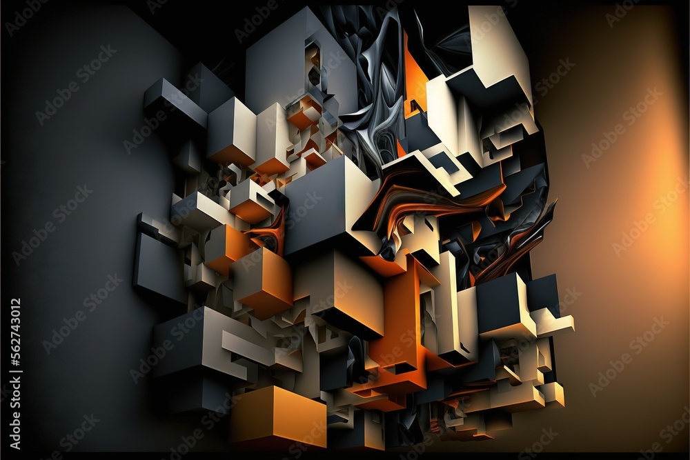 Poster a very abstract picture of a bunch of different shapes and sizes of objects in orange and black colo