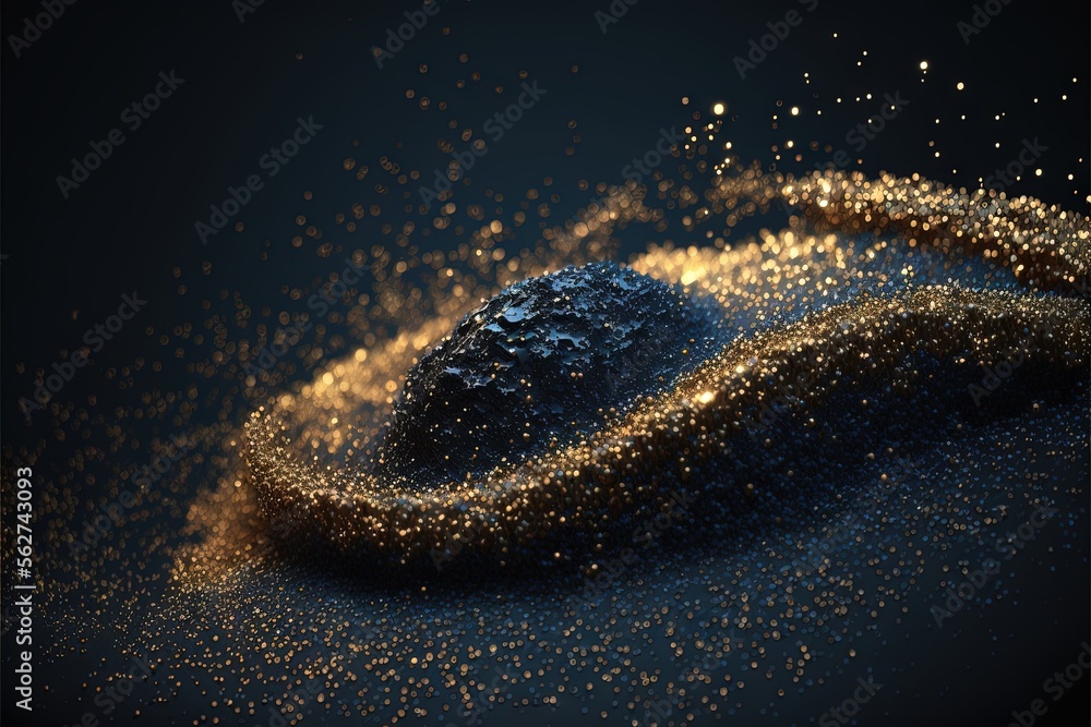 Poster a blue object with gold dust on it's surface and a black background with gold dots on it's surface a