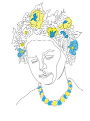 Young woman with a wreath of flowers on her head. Ukrainian colors design. Minimalistic black and white image made in one-line art technique