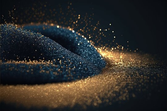  A Close Up Of A Blue And Gold Object With A Black Background And Gold Dust On The Ground And The Top Of The Object Is Blurry Gold And The Bottom Half Of The Image., Generative Ai