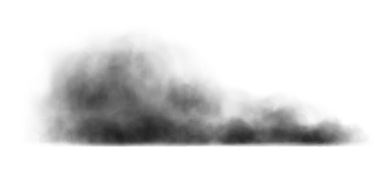 Black smoke cloud, dirty toxic fog or smog. Black fume texture isolated on white background. Vector realistic illustration of dark  smoky