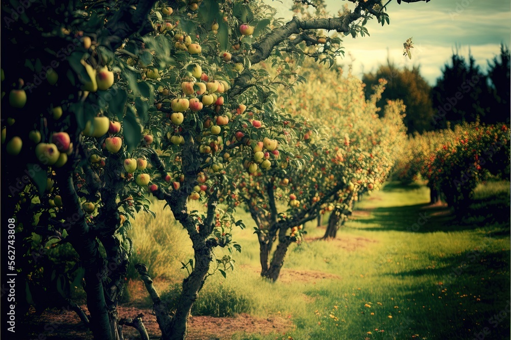 Poster a field full of trees with lots of apples on them and a sky background with clouds in the distance ,