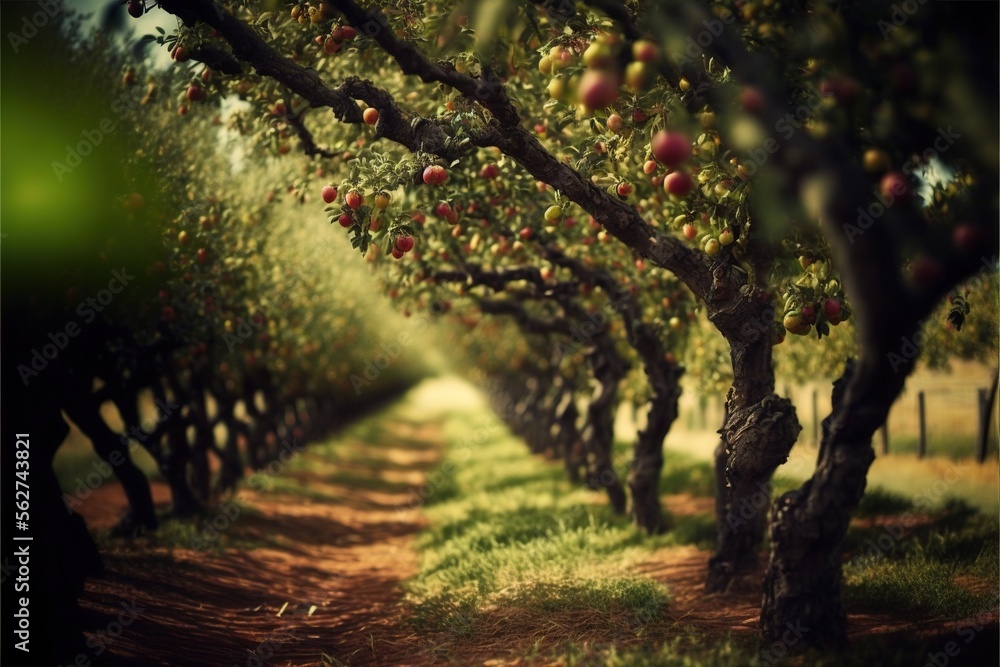 Poster a dirt road lined with rows of trees filled with apples on both sides of the road is a dirt path wit