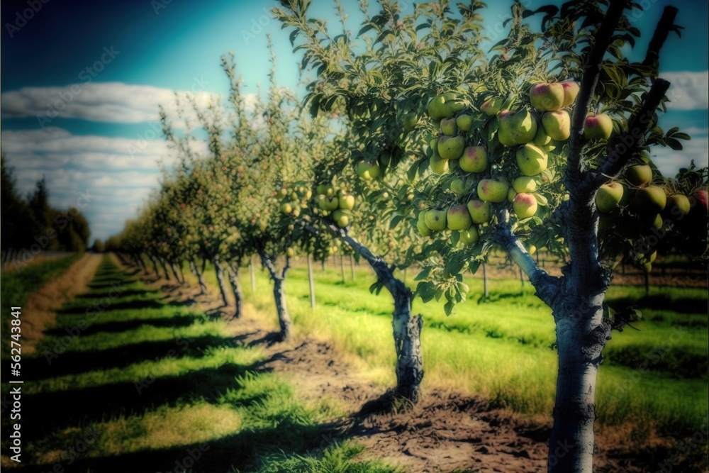 Poster a row of trees with green apples on them in a field of grass and dirt with blue sky in the backgroun