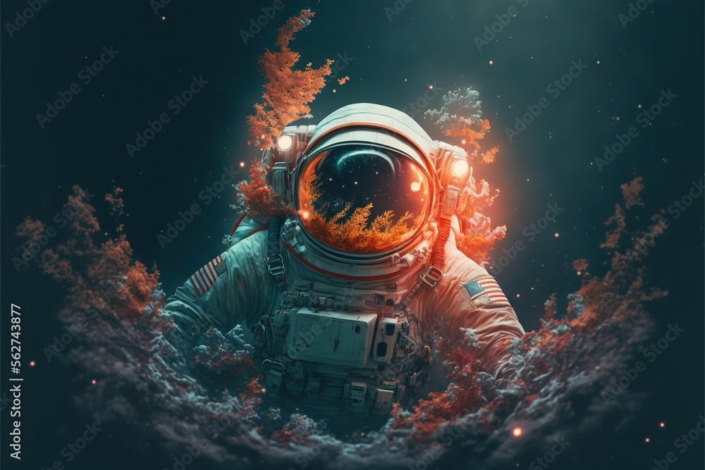 Poster a man in a space suit floating in the water with a fireball in his hand and a fireball in the air ab