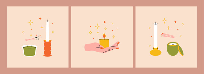 Hands with candles. Woman holding scented candle with fire, various candles cartoon style. Vector flat isolated set