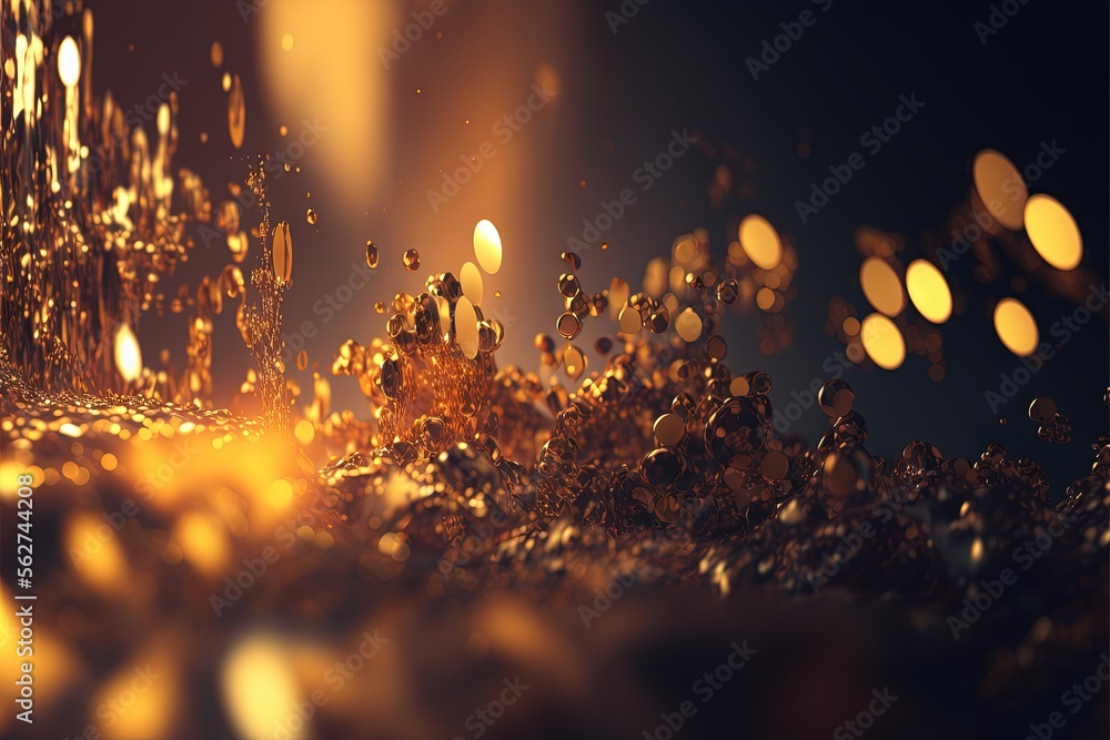 Aufkleber a bunch of gold bubbles floating in the air with a black background and a yellow light in the middle