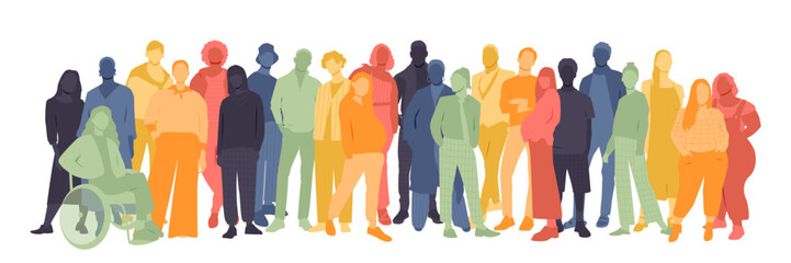 Different people stand side by side together. Flat vector illustration.