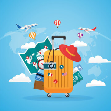 tourism luggage camera, hat, map and tickets on blue background. airplane travel around the world. road trip vacation in holiday. vector illustration flat design.