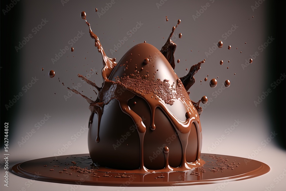 Poster a chocolate egg with chocolate splashing out of it on a plate with a gray background and a black bac