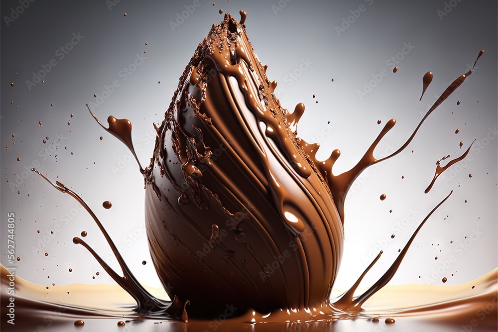 Aufkleber a chocolate egg is being splashed with chocolate sauce and chocolate drops on a gray background with