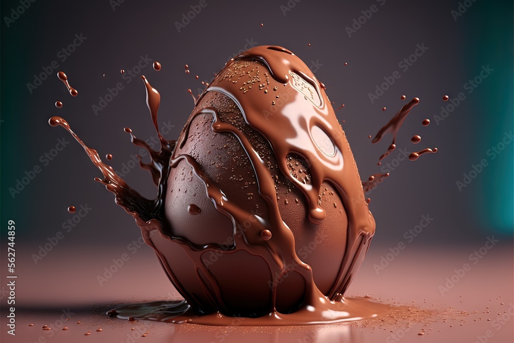 Aufkleber a chocolate egg is being splashed with chocolate syrup on a table top with a blue background and a g