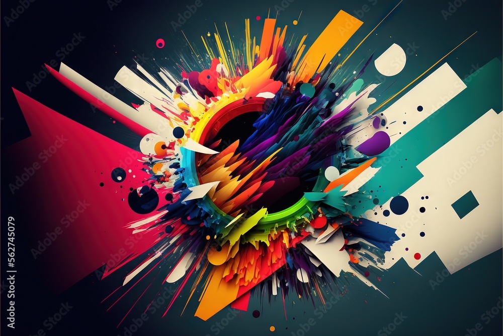 Poster a colorful abstract artwork with a black background and a white circle in the center of the image is