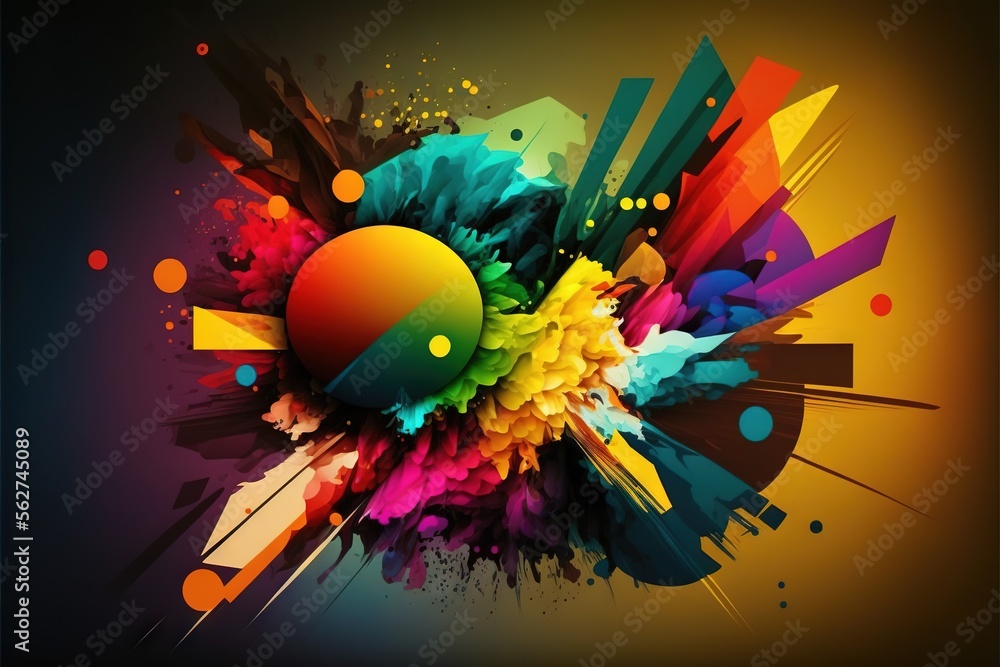 Poster a colorful abstract background with a ball and some paint splatters on it, and a black background wi