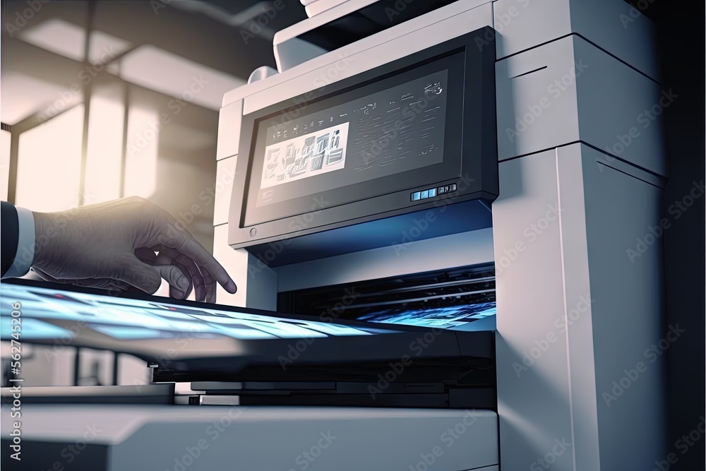 Poster a person is pressing a button on a machine that is operating on a tabletop with a hand on it, and a 