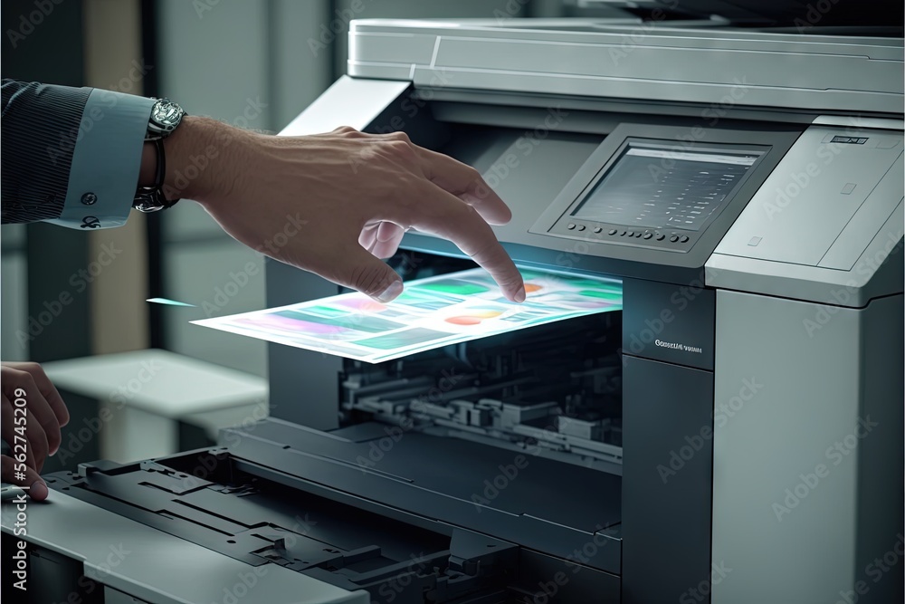 Poster a person is pressing a button on a printer screen with a finger and a finger print on the screen of 
