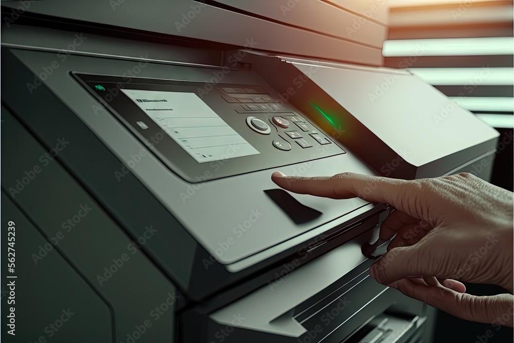 Poster a person pressing a button on a machine with a finger on it's button and a green light shining on th