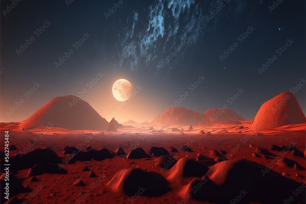 Aufkleber a red planet with a moon in the sky and some rocks and sand on the ground and a few stars in the sky