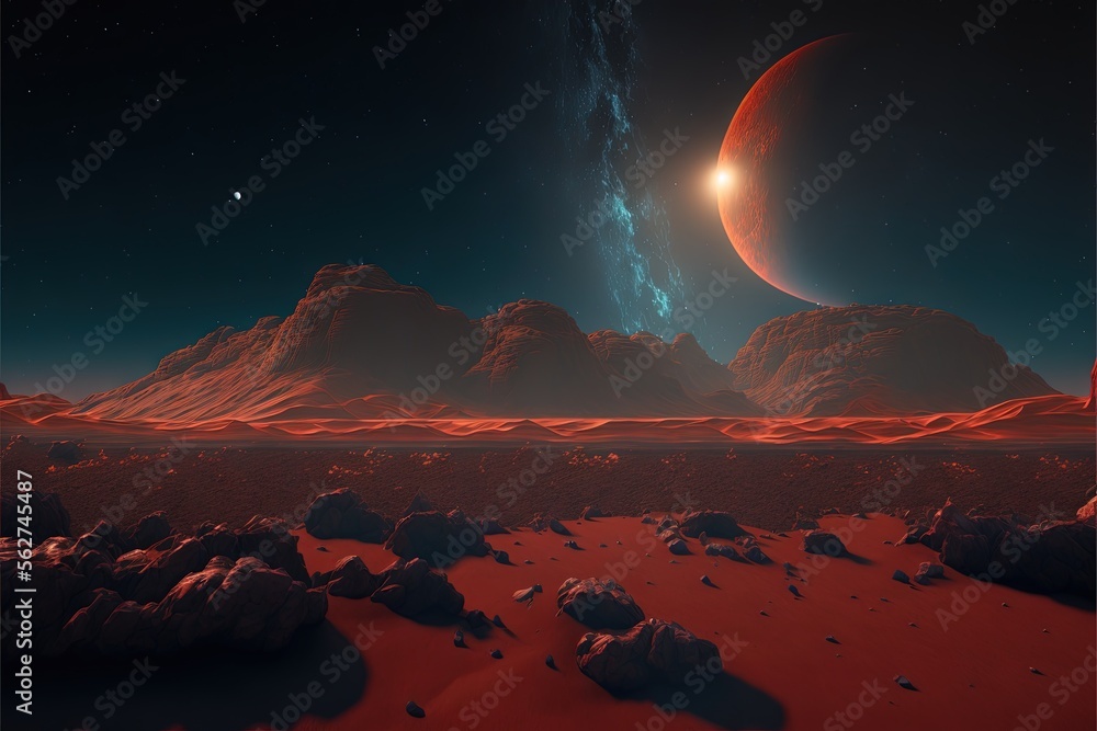 Poster a red planet with a red moon in the background and a red star in the sky above it, and a red planet 
