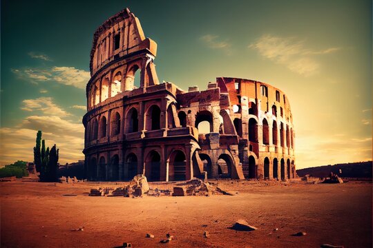 Roman Coliseum as a ruin. monument. and tourist site in Italy and Europe. Generative AI