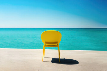 Yellow chair facing the sea on a sunny summer day. Generative AI