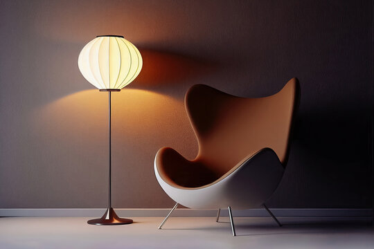 Armchair next to an illuminated lamp.Generative AI