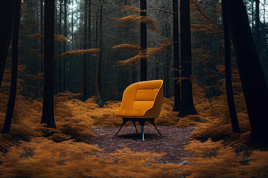 Yellow armchair in the middle of the forest.Generative AI