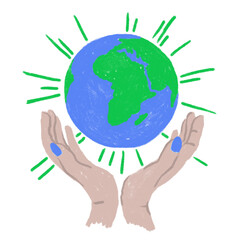 Hand drawn illustration of Earth Day globe planet ecology protection, human hands holding. Blue green sphere with ocean land, ecological environmental concept, pollution icon symbol, cartoon style.