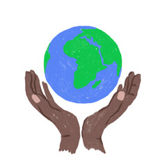 Hand drawn illustration of Earth Day globe planet ecology protection, human hands holding. Blue green sphere with ocean land, ecological environmental concept, pollution icon symbol, cartoon style.