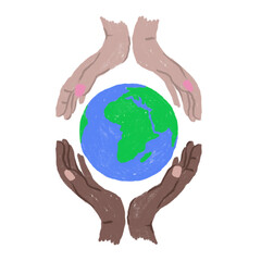 Hand drawn illustration of Earth Day globe planet ecology protection, human hands holding. Blue green sphere with ocean land, ecological environmental concept, pollution icon symbol, cartoon style.
