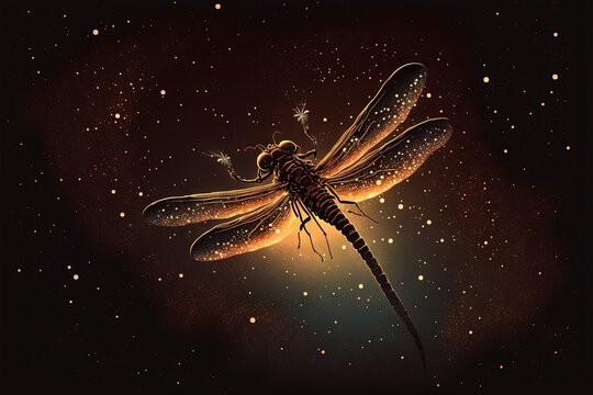  A Dragon Flys Through The Night Sky With Stars In The Background And A Star Cluster In The Foreground, With A Yellow Glow On The Wings Of A Black Background, With A., Generative Ai