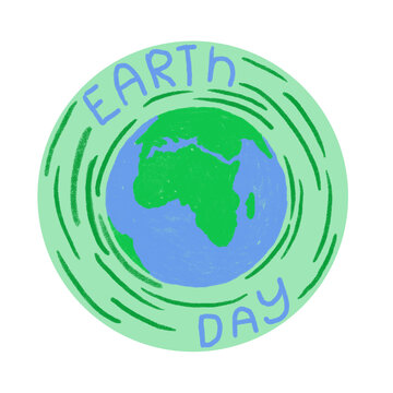 Hand drawn illustration of Earth Day globe planet ecology protection. Blue green sphere with ocean land, ecological environmental concept, pollution icon symbol, cartoon style modern poster.