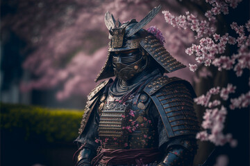 Fototapeta premium Samurai portrait, sakura background, Japanese medieval warrior in armor, realistic ai generated art