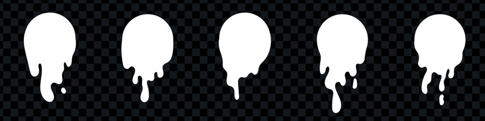 Liquid paint dripping. White melt drop set circle labels. Blood, oil and liquid blob isolated. Vector illustration