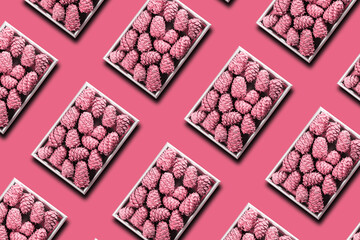 The frame of the picture is made of cedar cones. Healthy food and diet food. Art from natural objects. Pattern