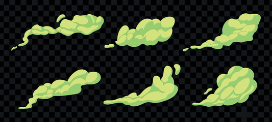 Stinky smoke samples set. Green smelly toxic clouds in cartoon style. Bad aroma stench. Vector isolated illustration