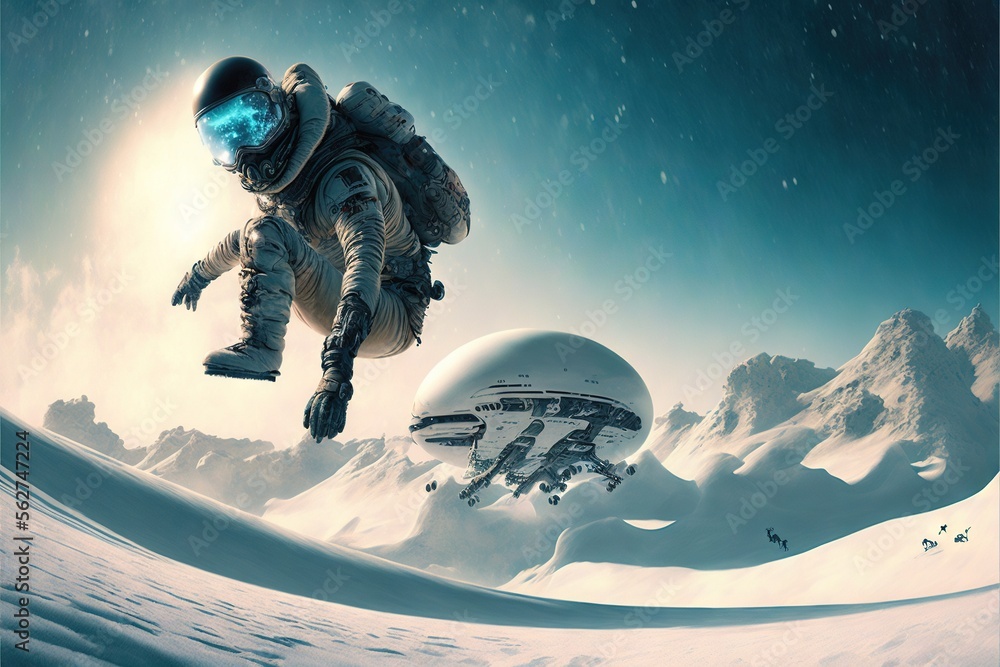 Poster a man in a space suit is flying over a snowy mountain range with a space shuttle in the background a