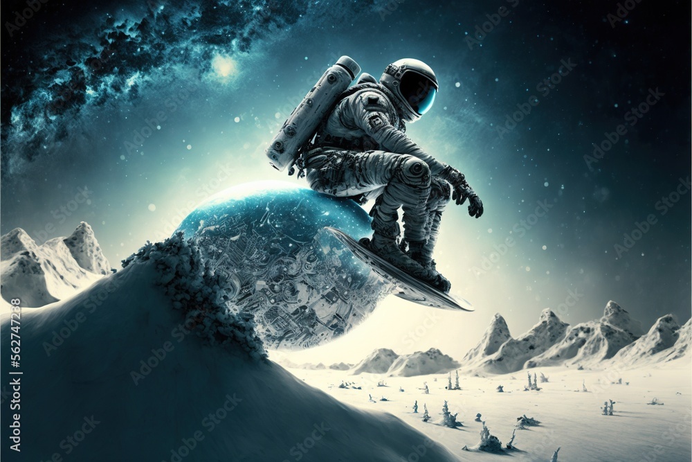 Poster a man in a spacesuit is on a snowboard over a mountain range with a blue moon in the background and 