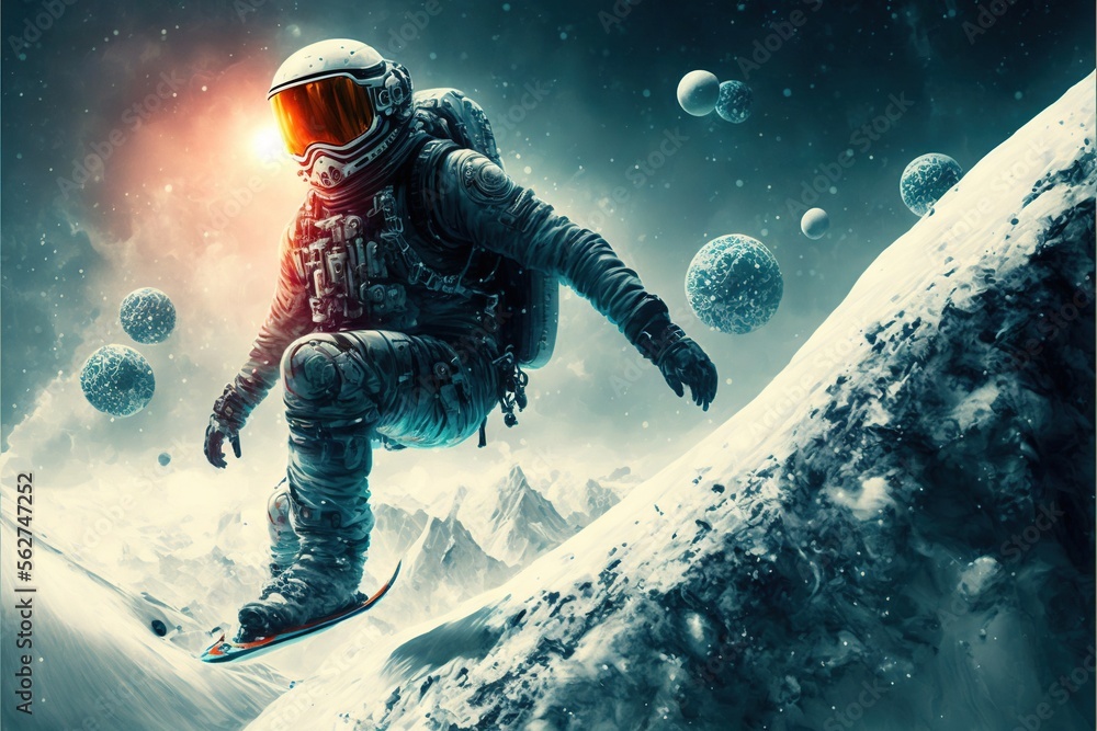 Poster a man in a space suit snowboarding on a mountain with planets in the background and a sun in the sky