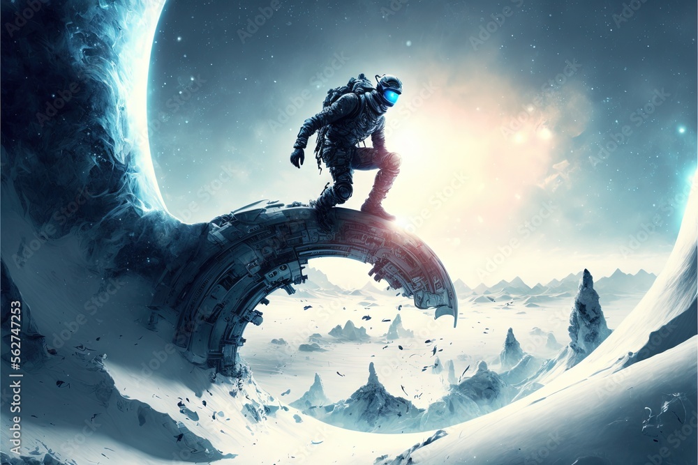 Poster a man standing on a bridge in the middle of a snowy mountain area with a moon in the background and 