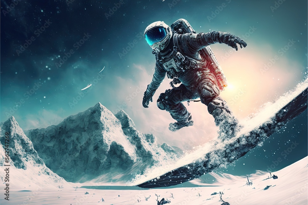 Poster a man in a space suit is on a snowboard in the snow with mountains in the background and stars in th