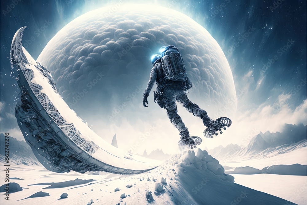 Poster a man in a space suit is on a snowboard in front of a giant object in the sky with a moon in the bac