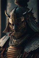 Portrait of a Samurai in a traditional mengu mask, Japanese medieval warrior in armor, realistic art created by ai