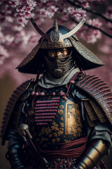 Fototapeta premium Samurai portrait, cherry blossom background, Japanese medieval warrior in armor, realistic ai generated art