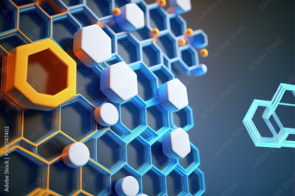 Poster a 3d image of a hexagonal structure with a hexagonal object in the middle of it and a hexagonal obje