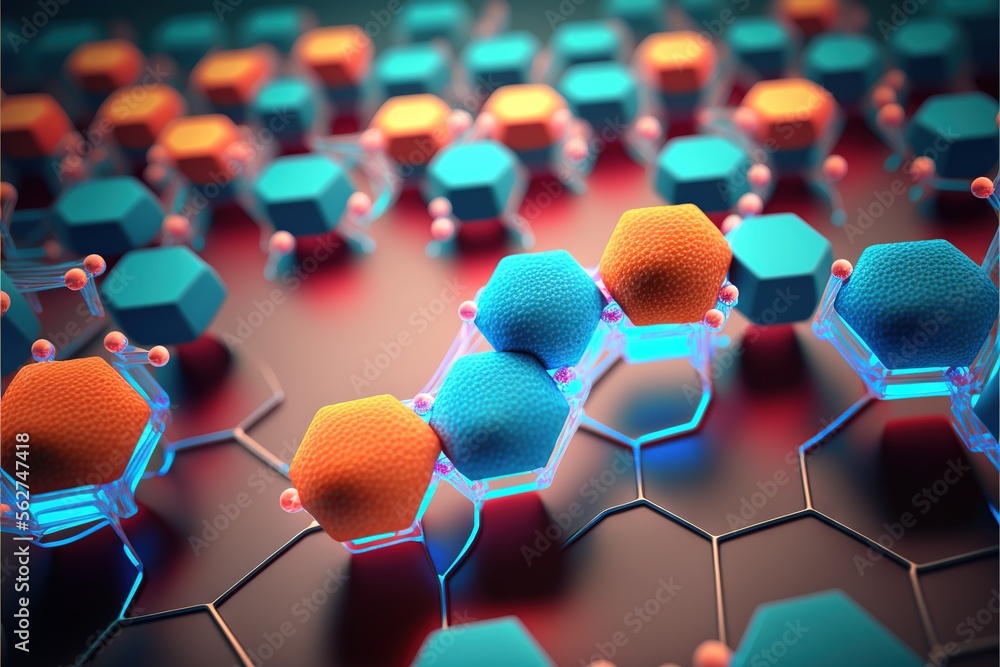 Poster a group of blue and orange balls on a table with a red background and a blue and orange structure wi