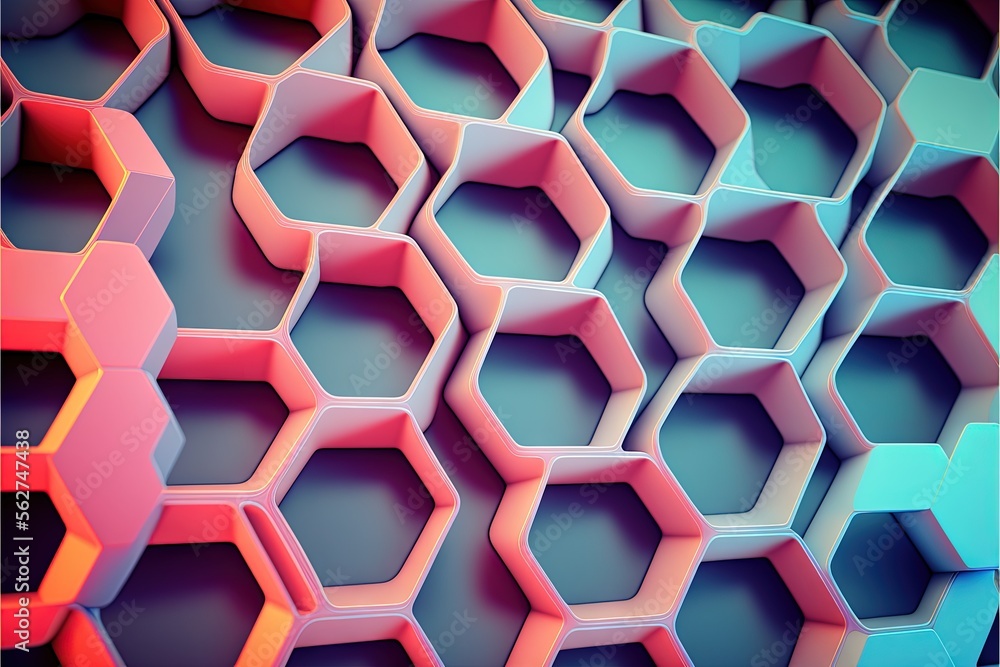 Poster a bunch of hexagonals are stacked together in a pattern of colors and shapes, with a blue background