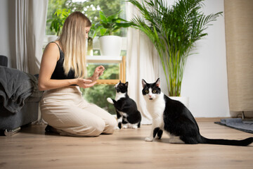 young blonde woman kneeling on the floor  feeding one cat while another cat is waiting